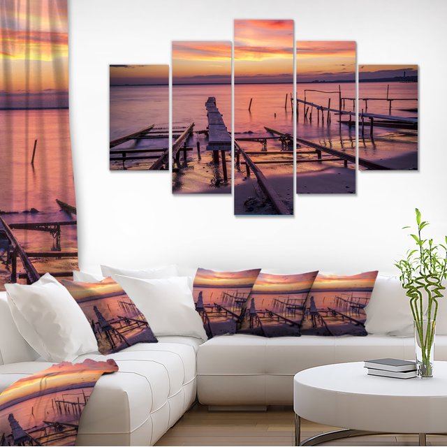Fishing Pier in Sea at Sunset - Seashore Canvas Art Print