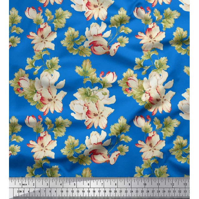 Soimoi Georgette Viscose Tissu Feuilles & Magnolia Imprimé Floral 1 Yard 42 Inch Wide