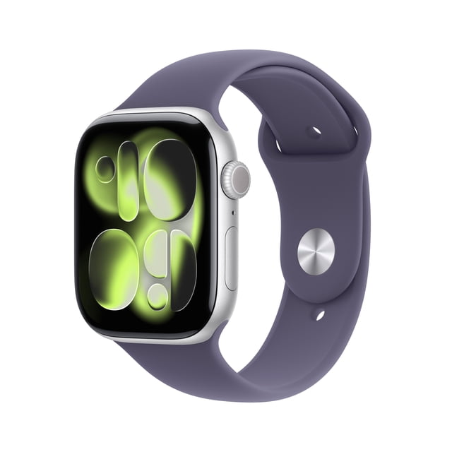 Apple Watch Series 11 GPS 46mm Silver Aluminium Case with Purple Fog Sport Band - S/M in a 3/4 profile view showing a silver aluminum case with digital crown and a green abstract bubble display. The purple fog silicone sport band has a silver pin closure, designed for all-day wear and advanced health insights like heart rate and sleep tracking.