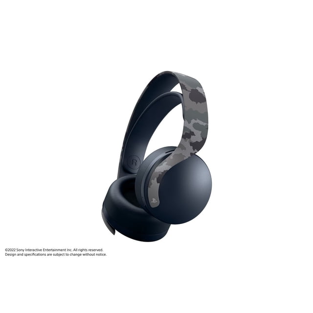 PlayStation®5 PULSE 3D™ wireless headset in grey camouflage with cushioned over-ear cups and adjustable headband featuring PlayStation shape micro patterns, optimized for immersive 3D audio on PS5 consoles and suitable for extended gaming sessions.