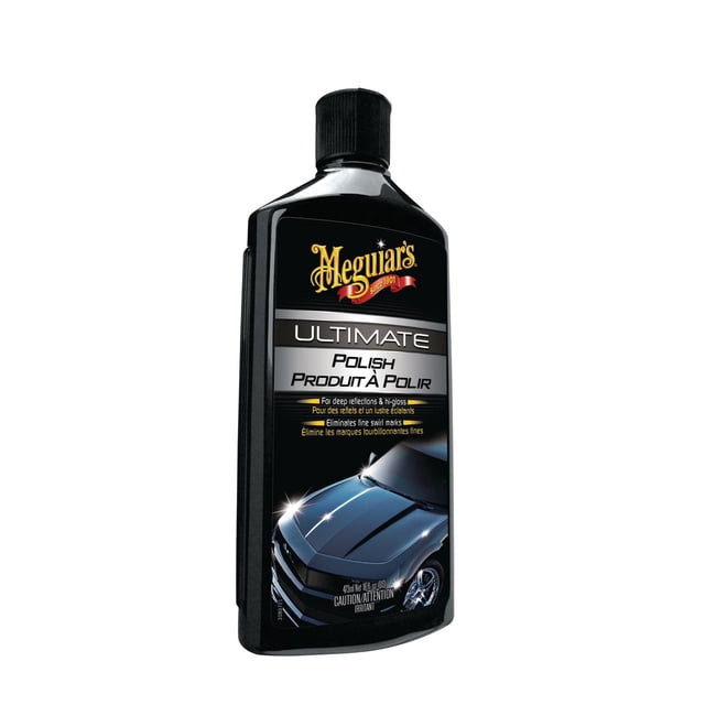 Meguiar’s® Ultimate™ Polish, G19216C, clear, 16 fl. oz. (454 ml) black bottle with ribbed cap and label depicting a glossy blue car hood with bright reflections, designed to eliminate fine swirl marks and enhance paint clarity and gloss, suitable for auto detailing and car wax preparation.