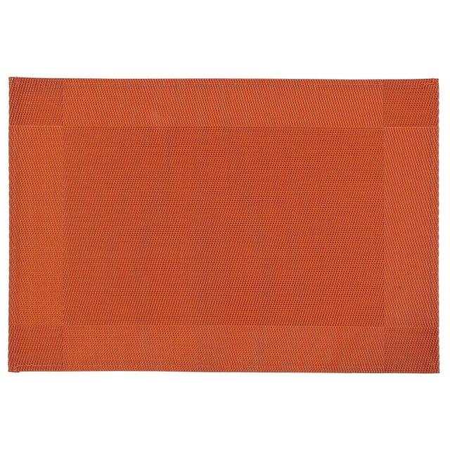 Vinyl Placemat (Classic) (Orange) - Set of 12 rectangular placemats made of durable orange plastic with a woven texture, designed to protect dining tables from spills and scratches while enhancing table linens; also suitable for casual parties and family gatherings.