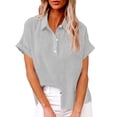thumbnail image 1 of Plebaso Chemises en Coton et Lin pour Femmes Col en V à Boutons T-Shirts Col Léger Manches Courtes Blouses Décontractées, 1 of 6