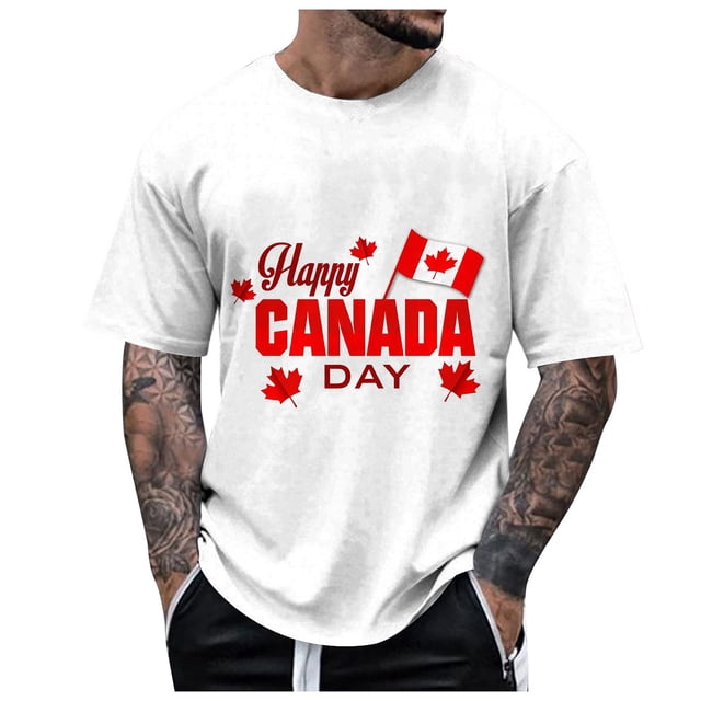 LUOGENLI T-shirts pour Homme pour Hommes Été Canada Fête de l'Indépendance Fête Nationale pour Imprimé Drapeau Rétro Col Rond Manches Courtes Hauts T-shirts pour Homme T-Shirt Graphique Fête de la Saint-Patrick Blanc TTTG