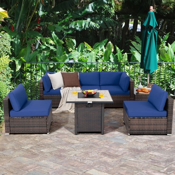 Costway Ensemble de Mobilier de Patio en Rotin 7 Pcs Housse de Table à Foyer 30 Pouces Coussin Canapé Bleu Marine