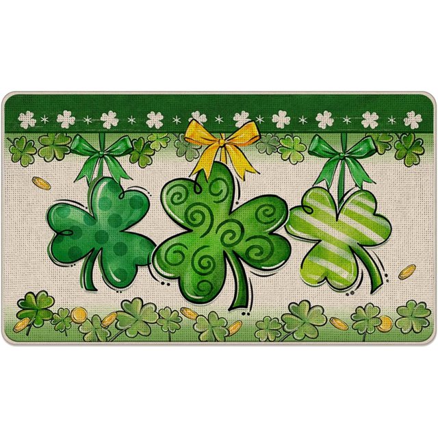St. Patricks Day Decorative Front Door Mat, Shamrock Clover Doormat Indoor Outdoor Non-Slip Floor Entryway Rug, Spring Gold Coins Irish Home Kitchen Decoration 17x29 Inch