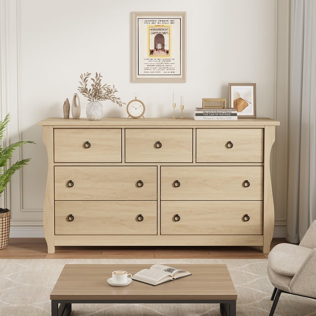 GloryStar Commode à 7 Tiroirs pour Chambre, Commode à Tiroirs de 54 Pouces de Large avec Rangement Autoportante, Coffre de Rangement en Bois pour Garde-Robe pour Salon, Chambre, Entrée