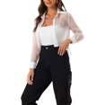 thumbnail image 4 of INSPIRE CHIC Women's Button-Front Point Collar Mesh Sheer Long Sleeve Shirt Tops L White, 4 of 6