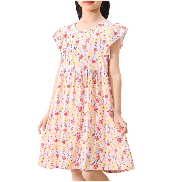 Robe d'Été pour Fille à Manches à Volants, Décontractée et Fluide, Robe Tunique Évasée à Motif Floral, Robe Chemise, Robe d'Été 3-15 Ans