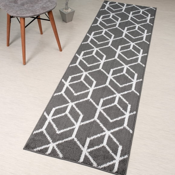 Custom Length, Non Slip Modern Geometric Carpet Runner Rug Mat for Entry Hallway Kitchen Laundry, 26 inch x 8 feet, Grey & Silver