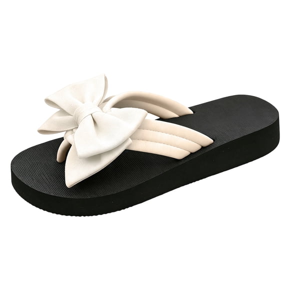 Women's Lightweight Bow Platform Flip Flops Non Slip Walking Tong Sandals Comfortable Slip On Beach Slide Shoes White Size 9