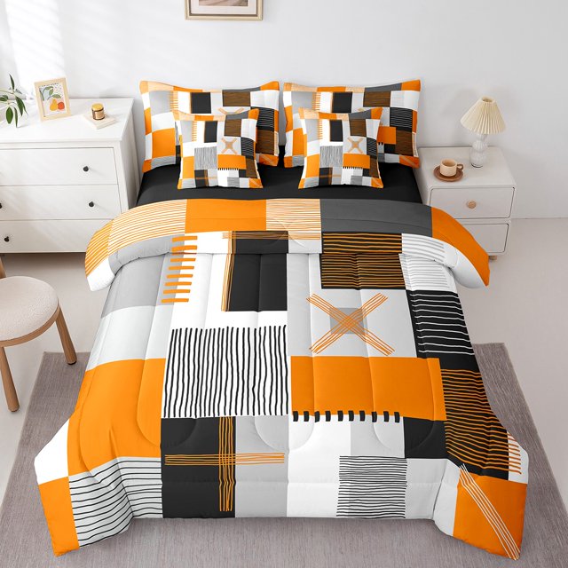 Erosebridal Patchwork Rectangle Bedding Queen Size,Geometry Stripe Comforter Sets with Sheets,Abstract Artwork Decor,Reversible,Lightweight,7 Pieces