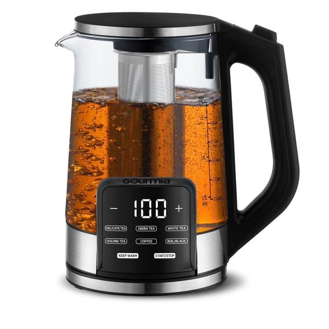 Gourmia 1.7L Programable Glass Kettle with Touch Display, Infuser, Black. This electric kettle features a 1.7-liter glass body with a removable stainless steel tea infuser for brewing loose or bagged tea. The LED touchscreen displays real-time temperature and offers six one-touch presets for brewing tea, coffee, and more. A 360-degree swivel base and cordless design allow for easy pouring, while the 1500-watt heating system ensures fast boiling. Compact and dishwasher-safe, it includes a three-hour keep-warm function and a cool-touch handle for safety.