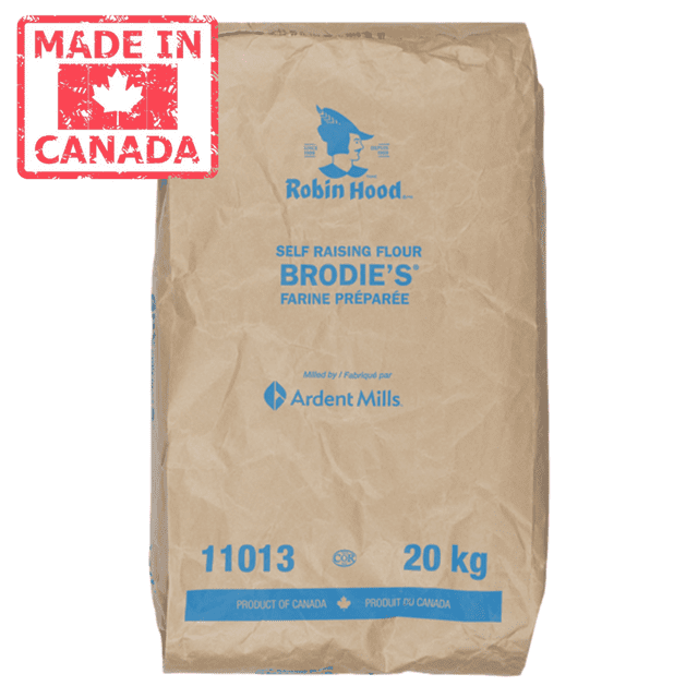 Robin Hood Farine Auto-Élevée Brodie, Mélange Professionnel pour Pâtisseries et biscuits, Sac en Vrac de 20 kg (44,1 Lb). l'Emballage en Papier beige Présente le logo Robin Hood, un Texte Bleu Détaillant le Nom du Produit et un Tampon « Fabriqué au Canada ». Conçu pour les Cuisines Professionnelles, Cette Farine Est Prémélangée avec de la Poudre à Pâte et du Sel pour des Résultats Uniforme dans les biscuits, scones et Pâtisseries.