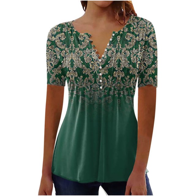 CEHVOM Femmes Mode Décontractée Imprimé Col Rond Ample Manches Courtes T-shirt Haut Blouse Chandail Liquidation