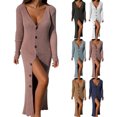 thumbnail image 1 of Womens Deep V Neck Button Down Long Knit Sweater Dress Bodycon Long Sleeves Sweater Maxi Dress, 1 of 6