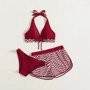 EGNMCR Bikini Set Women's Solid Bikini Strap Bikini Deep V Split Swimsuit Set Three-piece Swimming Suit