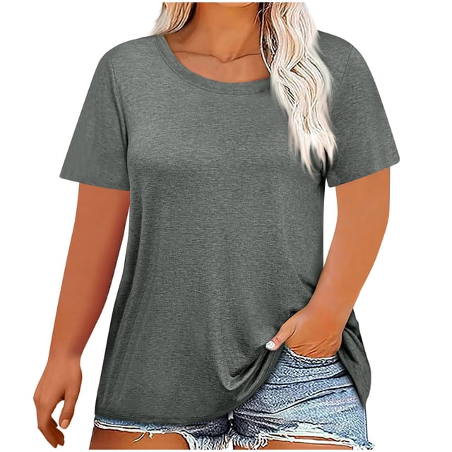 Cameland Plus Size Tops for Women Loose Solid Color Tops Round Neck Pullover Blouse Fashionable Durable Short Sleeve Tops