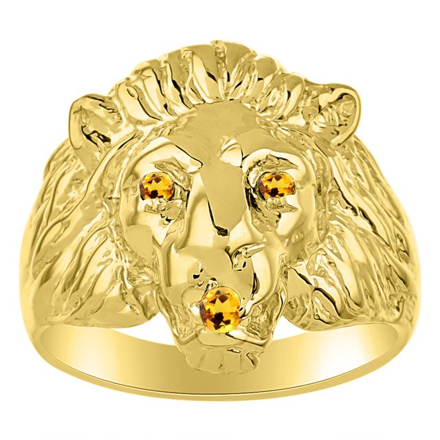 RYLOS Gold Plated Silver Lion Head Ring Color Stone Birthstones Eyes and Mouth Fun Designer Rings Citrine Jewelry Size 6