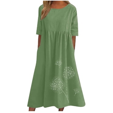 Meichang Robes en Coton et Lin pour Femmes Grande Taille Robe à Imprimé Pissenlit avec Poches Manches Courtes Maxi Robe d'Été Plissée Respirante Col Ras du Cou Robes de Plage pour les Vacances, P-5TG