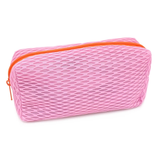 Pen+Gear Athleisure Mesh Pencil Pouch in pale pink with a slim rectangular shape, diamond-patterned polyester mesh exterior, and bright orange zipper, measuring 7.09 by 1.97 by 3.54 inches, ideal for pens, pencils, small accessories, and often used for makeup or gym items.