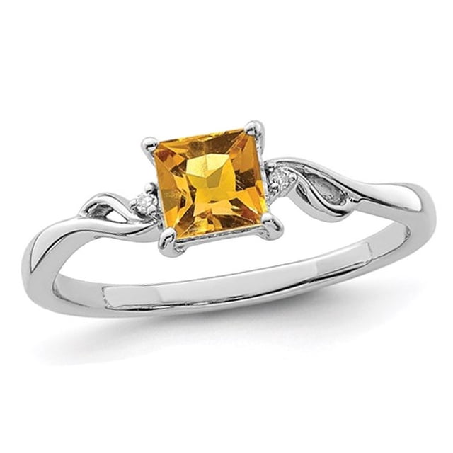 1/2 Carat (ctw) Princess-Cut Solitaire Citrine Ring in Sterling Silver with a vibrant yellow citrine gemstone in a prong setting. The polished sterling silver band with rhodium plating features delicate accents, making it a stylish choice for women's rings and jewellery gifts. Perfect for November birthdays or special occasions.