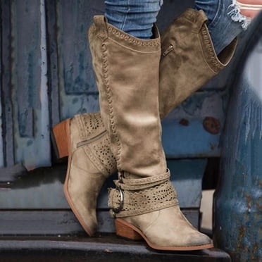 Babysbule Boots for Women Clearance Women Fashion Cowboy Riding Casual Warm Middle Heels Middle Tube Shoes