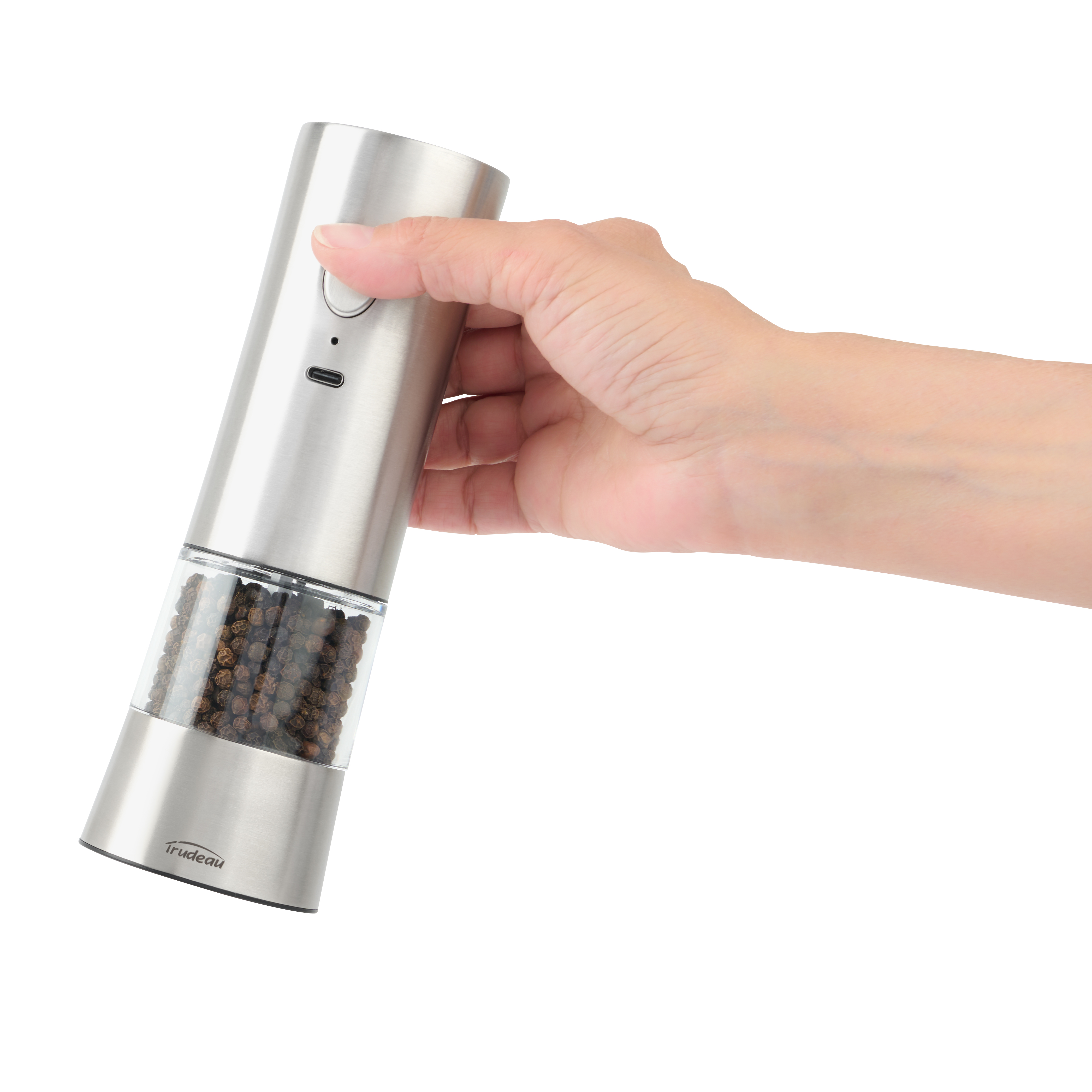 Trudeau 7" EVO USB Rechargeable Electric Stainless Steel Salt or Pepper Mill with one-touch operation, adjustable grind. USB-C charging—no batteries required – Unfilled