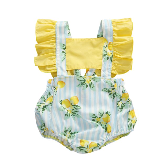 Xingqing Bébé Nouveau-Né Bébé Volant Manche Citron Cartoon Cake Print Backless Romper