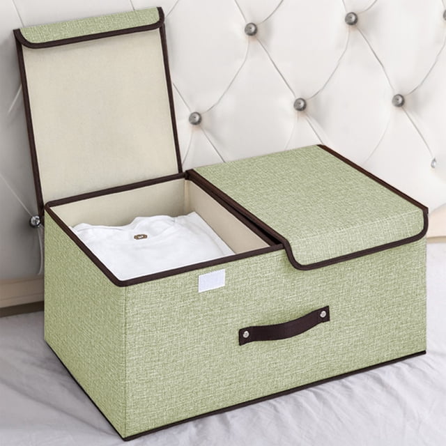 TIMIFIS Storage Boxes with Double Lids and Handles, crafted from green linen fabric with reinforced handles and a removable divider. The foldable rectangular organizer measures 14.17x9.84x5.9 inches and features two independent lids for dirt and water protection. Suitable for use as a closet organizer or storage bin for clothes, books, toys, and more in home, office, or dorm settings.