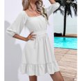 thumbnail image 4 of AherBiu Boho Dresses for Women 3/4 Sleeve Square Neck Ruched Ruffle Summer Beach Cute Mini Dress, 4 of 7