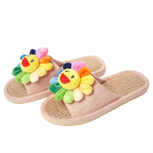 Women’s Linen Slippers for Summer Home Indoor, Ladies' Memory Foam Open Toe Slide Sandal with Non Slip Sole