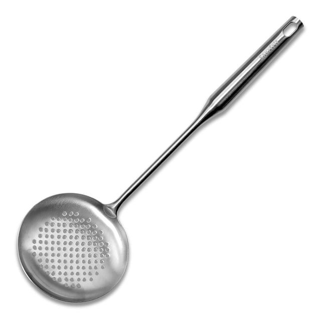 Starfrit Stainless Steel Asian Style Skimmer with a 14.8-inch long hollow handle for heat protection, round perforated skimming head with evenly spaced holes, designed for frying, blanching, and straining broths, noodles, vegetables, and seafood, featuring a hanging hole for easy storage.