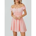 thumbnail image 3 of SUNSIOM Women Summer Short Dress, Solid Color Ruched Bust Boat Neck Off Shoulder Puff Sleeve A-Line One Piece for Ladies, 3 of 8