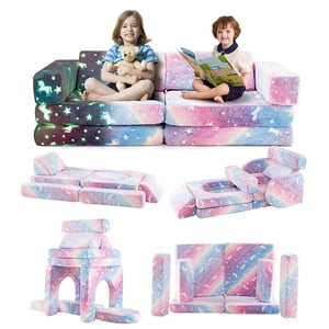 Gymax 10 Pcs Modular Kids Play Couch Sectional Sofa Glow in the Dark Floor Cushion
