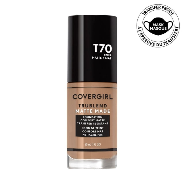 COVERGIRL Trublend Matte Made Fond de Teint Teinte T70, Fond de Teint Liquide 30 ml avec Capuchon Noir, Offrant une Finition Mate et Résistante au Transfert jusqu'à 12 Heures, Conçu pour un Port Léger, Minimisant les Pores et Contrôlant l'Huile, Convient aux Peaux Normales à Grasses.