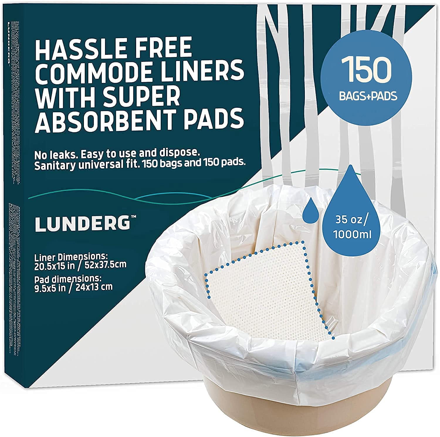Lunderg Commode Liners with Absorbent Pads - Value Pack Medical Grade 150 Count Universal Fit - Disposable Bedside Commode Liners and Pads for Adult Commode Chairs, Portable & Camping Toilet Bags