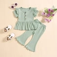 thumbnail image 2 of Plebaso Baby Girls Solid Color Ruffled Sleeve Round Neck Tops Elastic Waist Trousers Two-Piece Set Kids Casual Clothes, 2 of 7