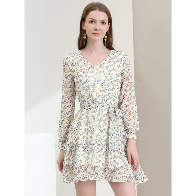 INSPIRE CHIC Robe à Fleurs pour Femme à Manches Longues, Taille Élastique, Ourlet à Volants, avec Ceinture