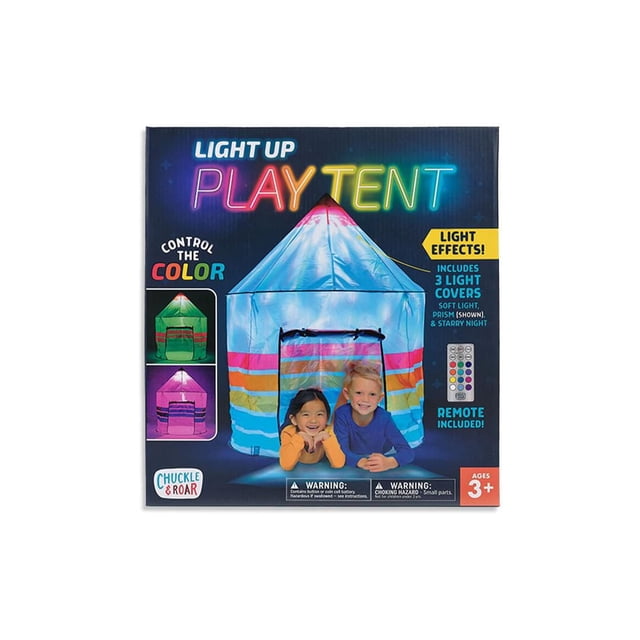 Chuckle & Roar LED Light-Up Childrens Play Tent for Ages 3 and Older by Buffalo Games shown on packaging with a blue tent featuring multicolour horizontal stripes and a pointed roof, highlighting LED light effects with three light covers—soft light, prism, and starry night—and a remote control for colour adjustment, ideal for kids' imaginative outdoor play.