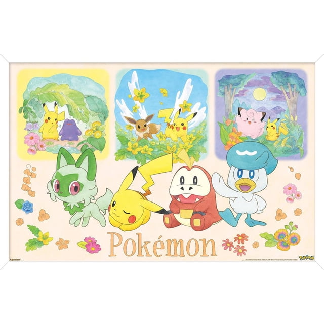 Pokémon: One Scene - Group Wall Poster, 14.725" x 22.375" framed featuring front-facing illustrated Pokémon including Pikachu, Eevee, Goomy, Cyndaquil, Ducklett, and Cleffa with floral accents and three inset scenes showing Pikachu with Ditto under a leaf, Pikachu with Eevee among yellow flowers, and Cleffa with Pikachu in a moonlit forest, on a cream background with 'Pokémon' text, suitable for home décor and wall art.
