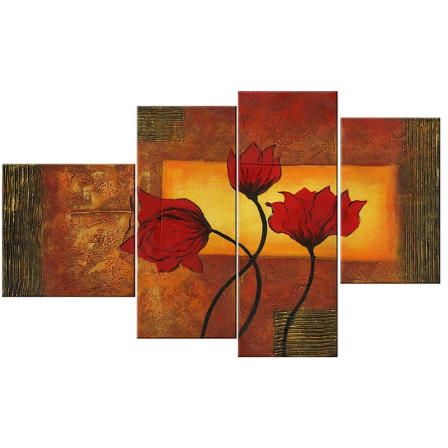 Design Art Red And Gold Flowers Canvas Wall Art
