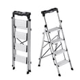 thumbnail image 1 of VEVOR 4 Step Ladder, Folding Step Stool with Wide Anti-Slip Pedal and Comfort Handgrip, 330 lbs Capacity Portable Aluminum Stepladder, Multi-Use for Kitchen, Home, Warehouse and Office, Silver, 1 of 9