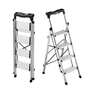 Échelle VEVOR à 4 marches, tabouret pliant avec large pédale antidérapante et poignée de confort, échelle en aluminium portable de 330 lbs de capacité, multi-usage pour cuisine, maison, entrepôt et bureau, argenté
