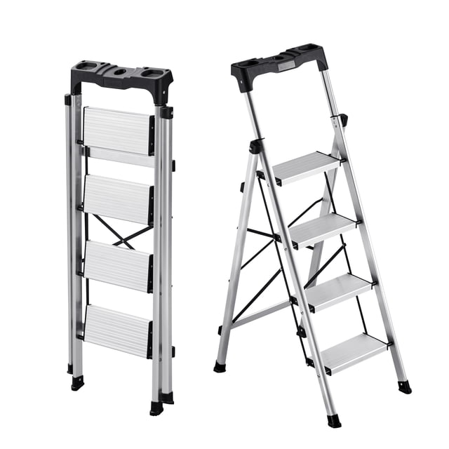 VEVOR 4 Step Ladder, a folding aluminum step stool with wide anti-slip pedals, comfort handgrip, and a 330 lbs capacity. Designed for multi-use in kitchens, homes, warehouses, and offices. Features a silver finish, black tool tray, and non-skid feet for stability. Shown in both expanded and folded positions.