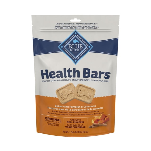 Blue Buffalo Health Bars Crunchy Dog Biscuits, Pumpkin & Cinnamon Dog Biscuits, 16-oz. bag featuring resealable blue and orange packaging with two square dog biscuits embossed with a dog silhouette, oven-baked for crunch, made with real pumpkin and cinnamon, free from corn, wheat, and soy, suitable for dogs of all sizes.