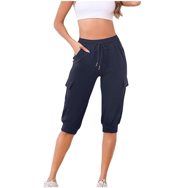 Timegard Cargo Shorts for Women Elastic High Waisted Drawstring Sweatshorts Outdoor Half Pants with Pockets