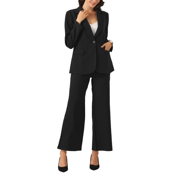 INSPIRE CHIC Business Blazer Pants Set for Women's One Button Office Work 2 Piece Pant Suit L Black