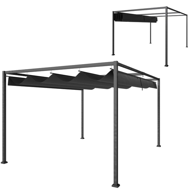 Outsunny 10' x 7' patio pergola with retractable canopy in black, designed with a powder-coated metal frame and UV-resistant polyester fabric canopy. This gazebo-style shade structure is perfect for patios, gardens, or outdoor gatherings.