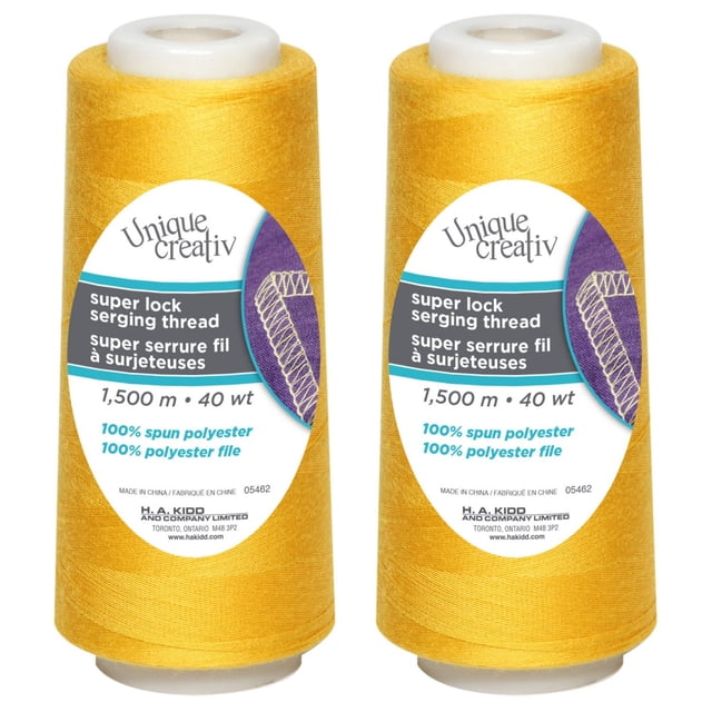 TRULOCK Bobine de Surjetage Thread 1500 m en polyester Jaune 40 Wt, Conçue pour les machines de Surjetage et les Tissus Extensibles et Tissés, Fabriquée à Partir de polyester Filé 100 % pour une Couture durable et Lisse, Présentée comme Deux Bobines Identiques avec Dessus Blanc et Étiquettes de Produit.